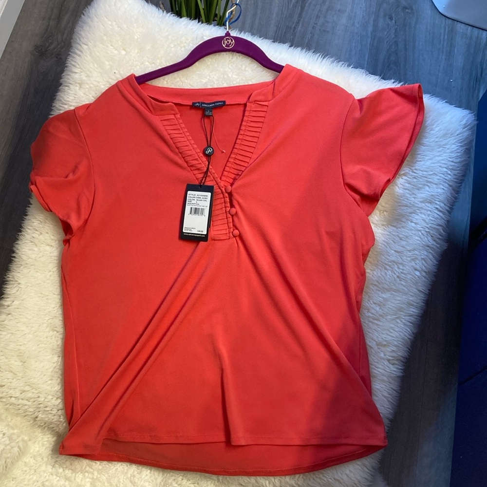 ADRIANNA PAPELL Coral Placket Button Top Short Flutter Cap Sleeve Women’s Size L